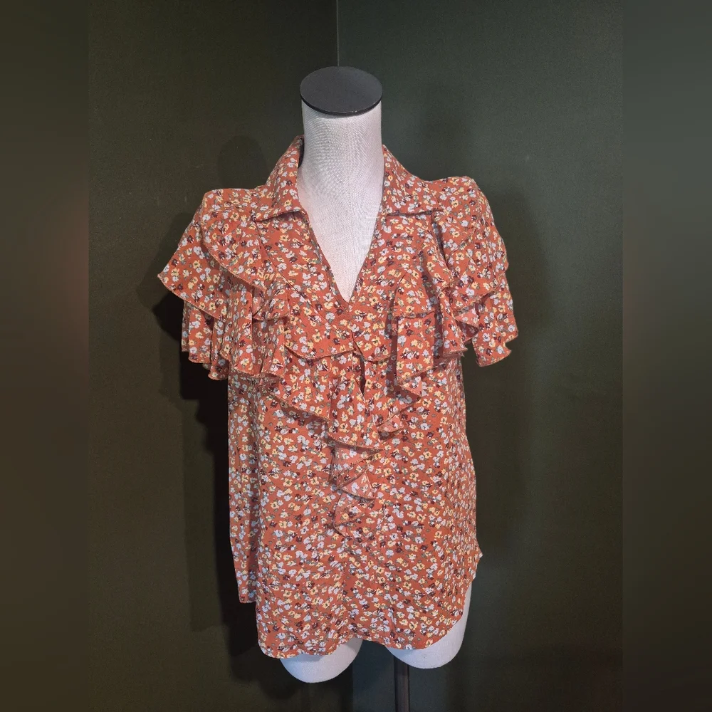 Floral Ruffle Blouse - Orange - Picture 1 of 6
